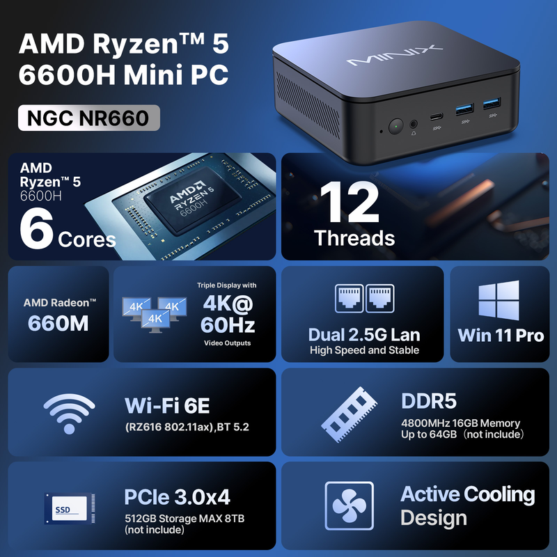 Minix mini pc ryzen5 6600h 16GB ddr5, 512GB SSD, 2.5GBe, HDMI/dp/USB-c, win11 pro nr660, , medium-null
