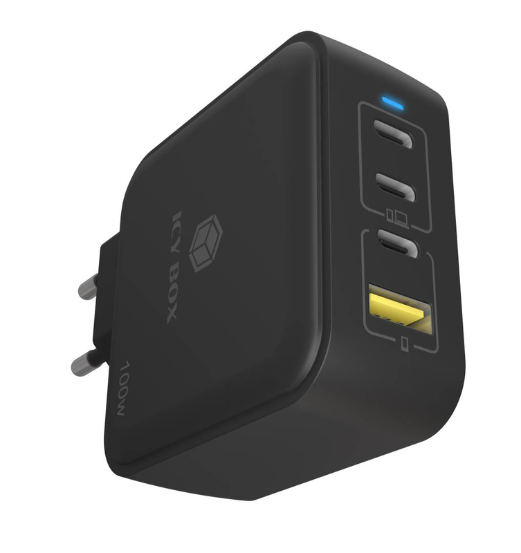 Icy box ib-ps1040-pd 100w gan USB-c charger 3x USB-c plus USB-a 4-port pd 3.0 qc 3.0 black-null