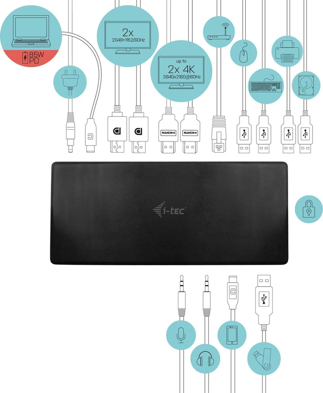 I-tec USB-c quattro display docking station 2x displayport 2x HDMI four monitors 4k gbe 85w pd c31quattrodockpd-null