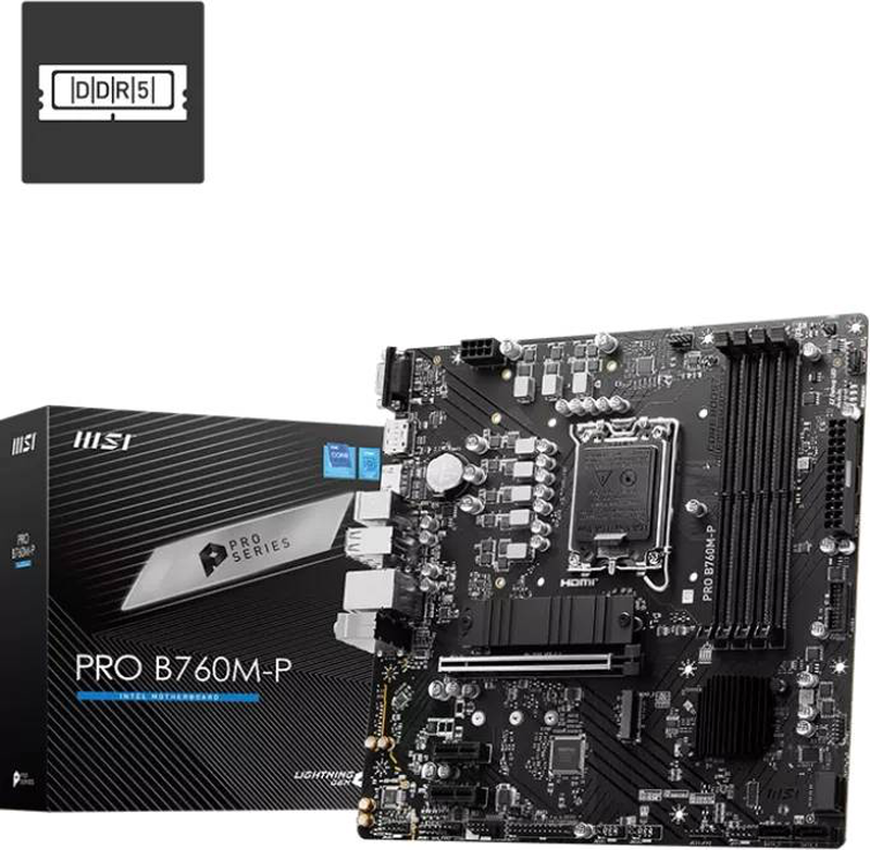 Msi pro b760m-p | intel b760 | lga1700 | micro atx | ddr5 | pcie 4.0 x16 | 2&times; m.2 Gen4 | HDMI + vga | gigabit lan, , medium-null