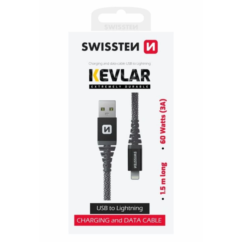 Swissten kevlar &kappa;&alpha;&lambda;ώ&delta;&iota;&omicron; USB &sigma;&epsilon; lightning 60w (3a) extra durable 1.5m 71543010, , medium-null
