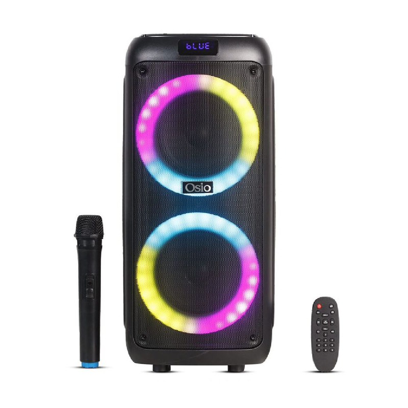 "osio obt-8035 portable bluetooth speaker with USB, led, aux, tf, rc, fm, tws, input for wired mic, wireless microphone and remote control &ndash; 80w"-null