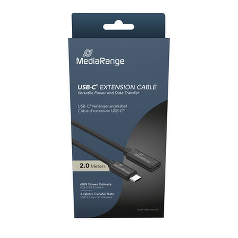 Mediarange USB Type-C&reg; extension cable, plug to socket, USB 3.2 Gen 1x1 5GBps, USB-c power delivery enabled 60w max., 2.0m, black, , medium-null