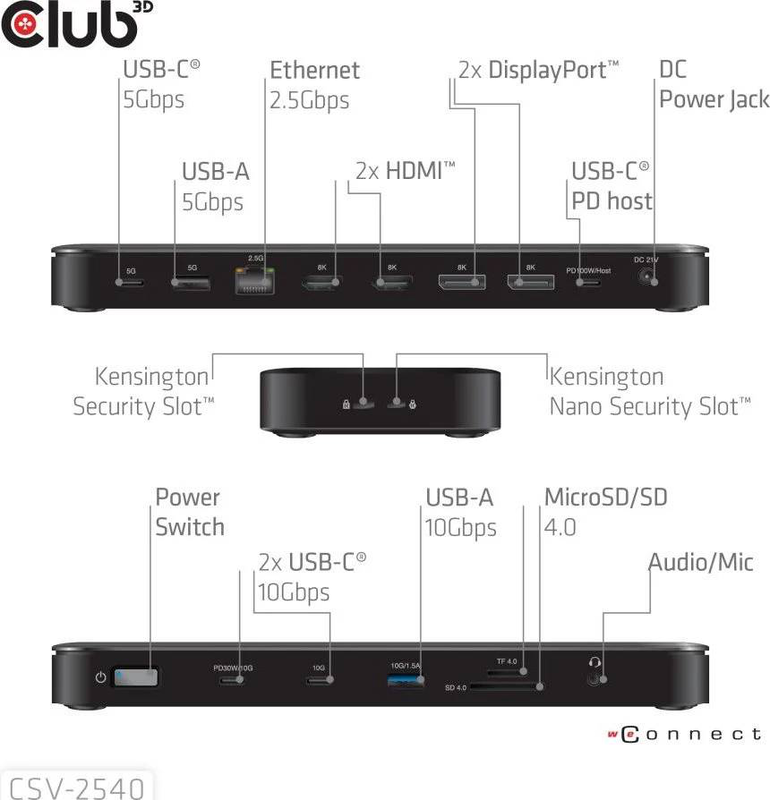 Club 3d csv-2540 14-in-1 USB-c quad display docking station 2x displayport 2x HDMI 8k 100w pd 2.5GBe sd black-null