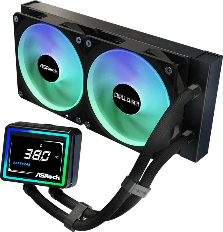 Asrock challenger 240 digital black argb liquid CPU cooler 240mm aio 3in display dual 120mm fans copper-null