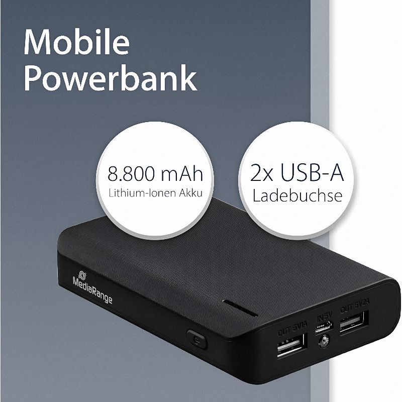 Mediarange power bank 8.800mAh &mu;&epsilon; 2 &theta;ύ&rho;&epsilon;&sigmaf; USB-a, , medium-null