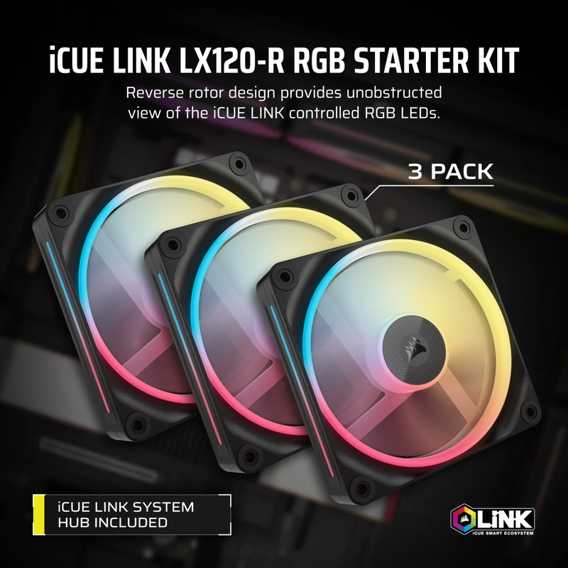 Corsair icue link lx120-r rgb 120mm pwm reverse 3x fans starter kit black (co-9051050-ww)-null