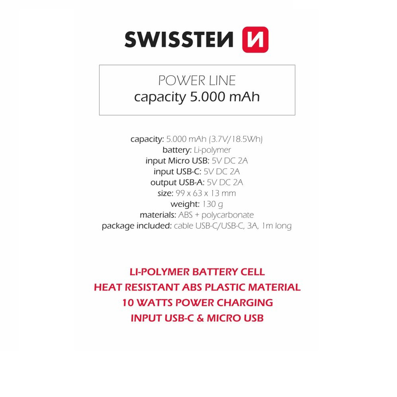 Swissten power line power bank 5000mAh 10w with 1 port, , medium-null