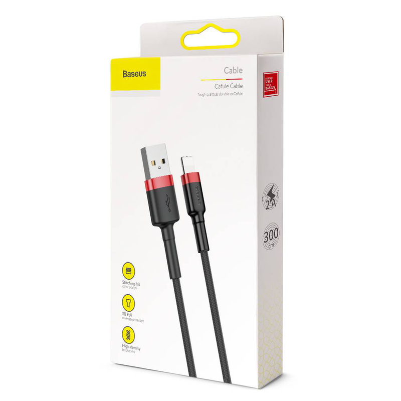 Baseus cafule braided lightning cable 2a 3m black/red, , medium-null