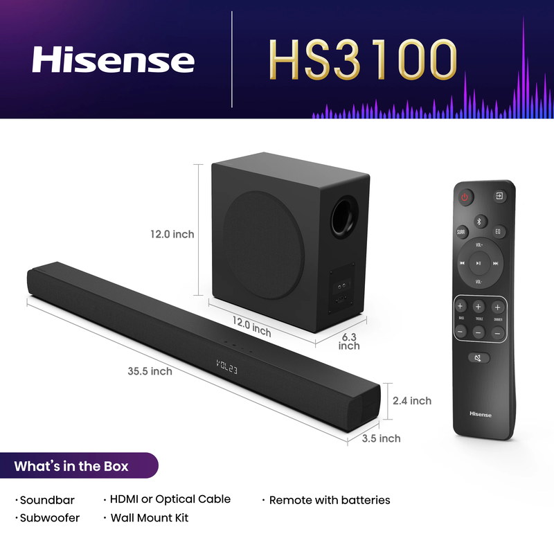 Hisense soundbar hs3100 3.1 ch 480w bt/USB/optical-null