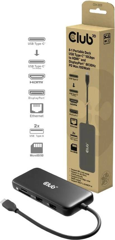 Club3d csv-2551 USB-c 8-in-1 portable dock HDMI 2.1 displayport 1.4 8k30 4k144 gigabit ethernet 100w pd black-null