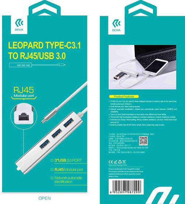 Devia leopard προσαρμογεας Type-C3.1 to rj45/USB 3.1 (1000mbps), , medium-null
