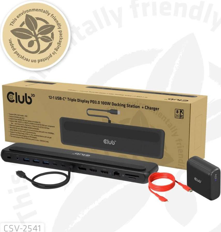 Club 3d csv-2541 12-in-1 USB-c triple display docking station 2x HDMI displayport 8k 100w pd charger sd gbe black-null