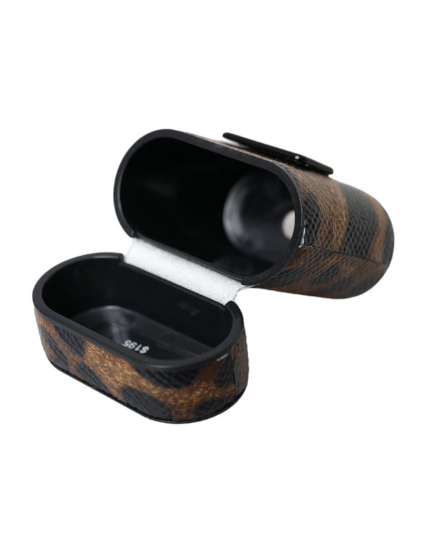 Brown leopard calf leather metal logo plaque AirPods case-null