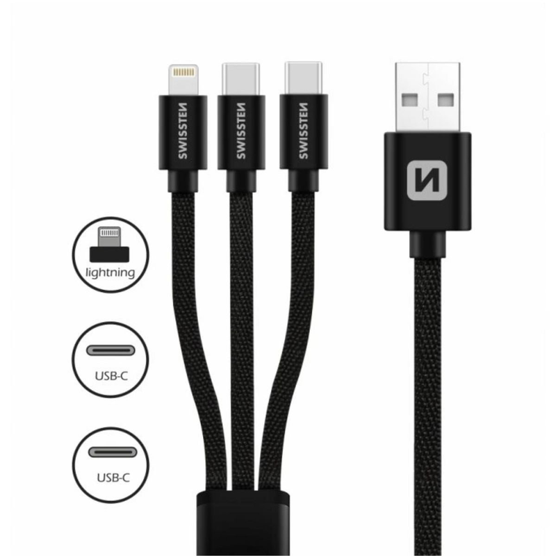 Swissten textile 3&sigma;&epsilon;1 &kappa;&alpha;&lambda;ώ&delta;&iota;&omicron; &phi;ό&rho;&tau;&iota;&sigma;&eta;&sigmaf; &mu;&epsilon; lightning & 2x USB-c 1.2m 72501103 &mu;&alpha;ύ&rho;&omicron;, , medium-null