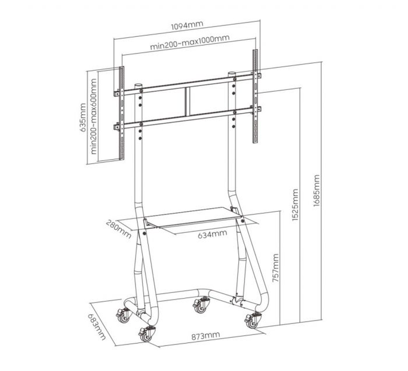 Equip heavy-duty TV trolley (standalone) 1.7m high w/shelf holds one 60" to 105" TV-null