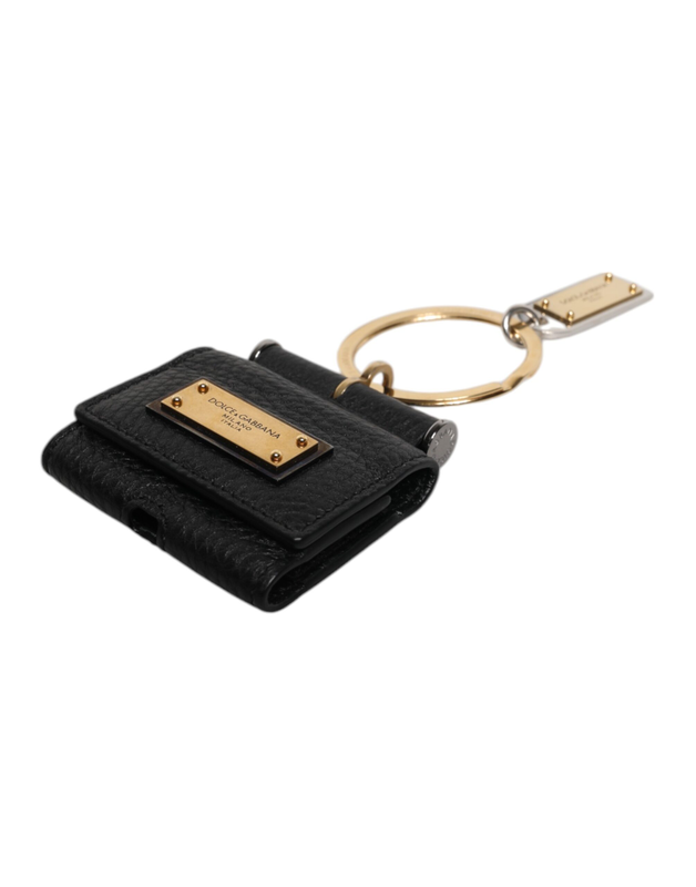 Black leather strap gold metal logo plaque AirPods case-null