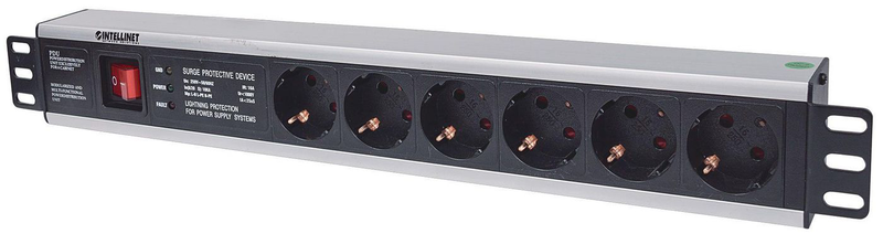 German type", with on/off switch and surge protection, 3m power cord (euro 2-pin plug) - power strip (rack-mountable) - ac 250 v - input: cee 7/4 - output connectors: 6 (cee 7/3) - 1.5u - 19" - 3 m - germany - black, , medium-null