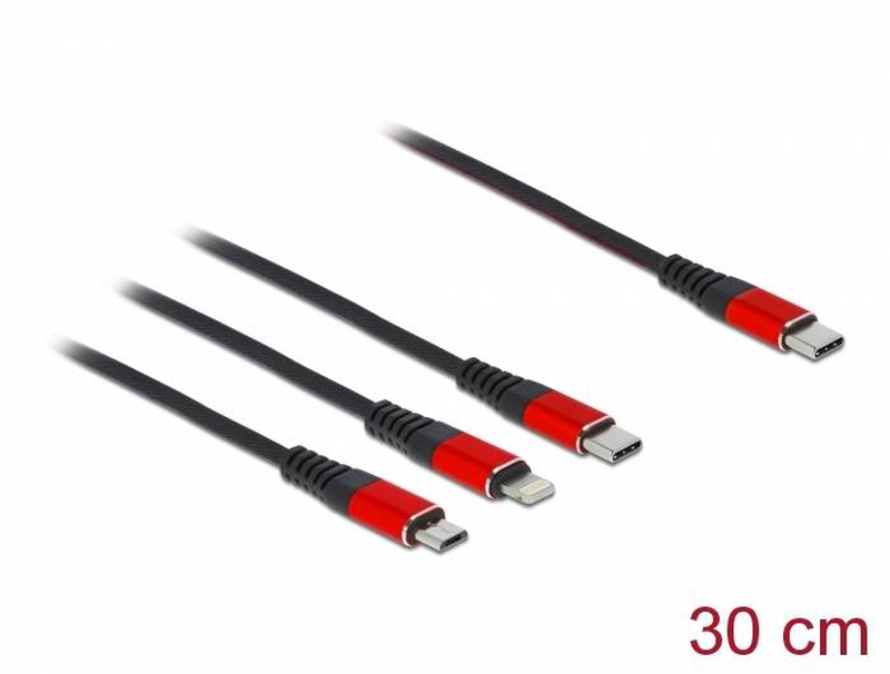 Delock 86710 3-in-1 USB charging cable USB-c to lightning micro USB USB-c 30 cm black red-null