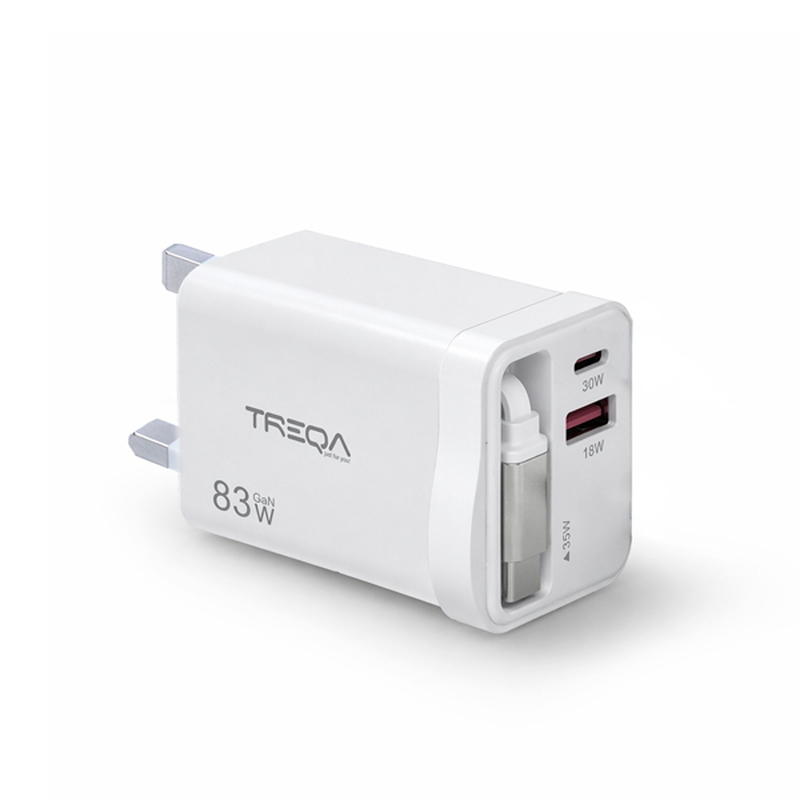 Wall charger with built-in Type-C cable and USB ports 83w gan ch-666 white - treqa, , medium-null