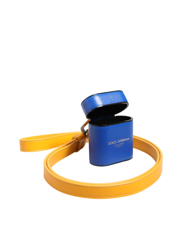 Blue yellow calfskin leather logo strap men AirPods case-null