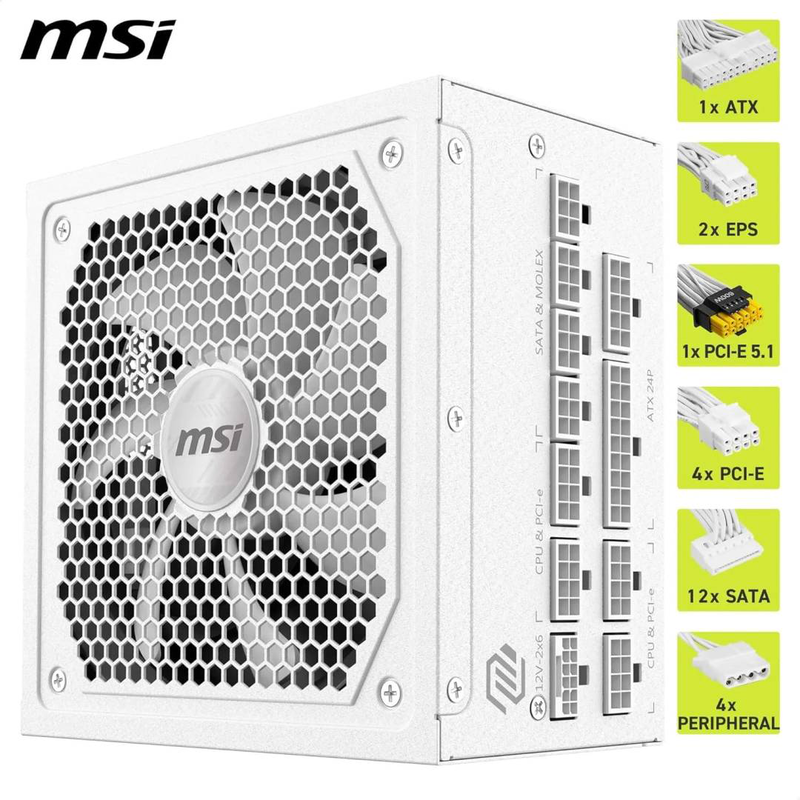 Msi mag a1000gl pcie5 1000w white power supply atx 3.1 80 plus gold fully modular 12v-2x6 600w pcie 5.1 135mm fdb-null