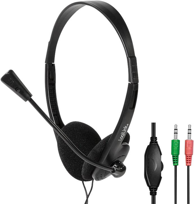 Logilink hs0052 on-ear stereo headset wired dual 3.5mm jack boom microphone inline volume control black-null