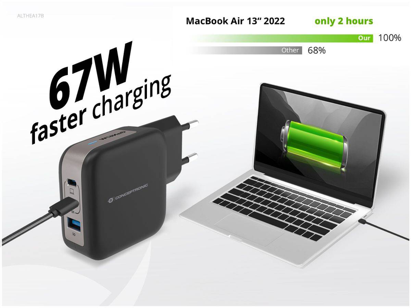 Conceptronic althea17b 67w gan 3-port USB-c charger 2x USB-c 1x USB-a pd 3.0 pps qc 3.0 black-null