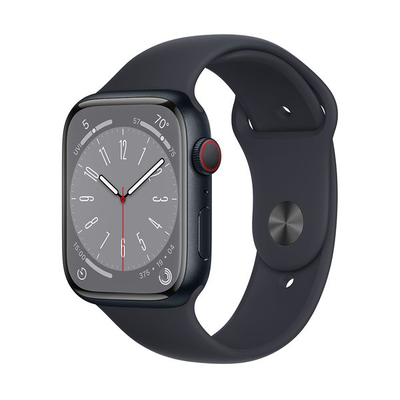 Watch series 8 GPS + cellular 45mm midnight aluminium case with midnight sport band regular, Black, medium