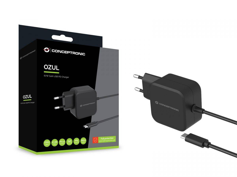 Conceptronic ozul04be 67w gan USB-c pd charger with pps built-in 1.8m cable up to 21v black-null