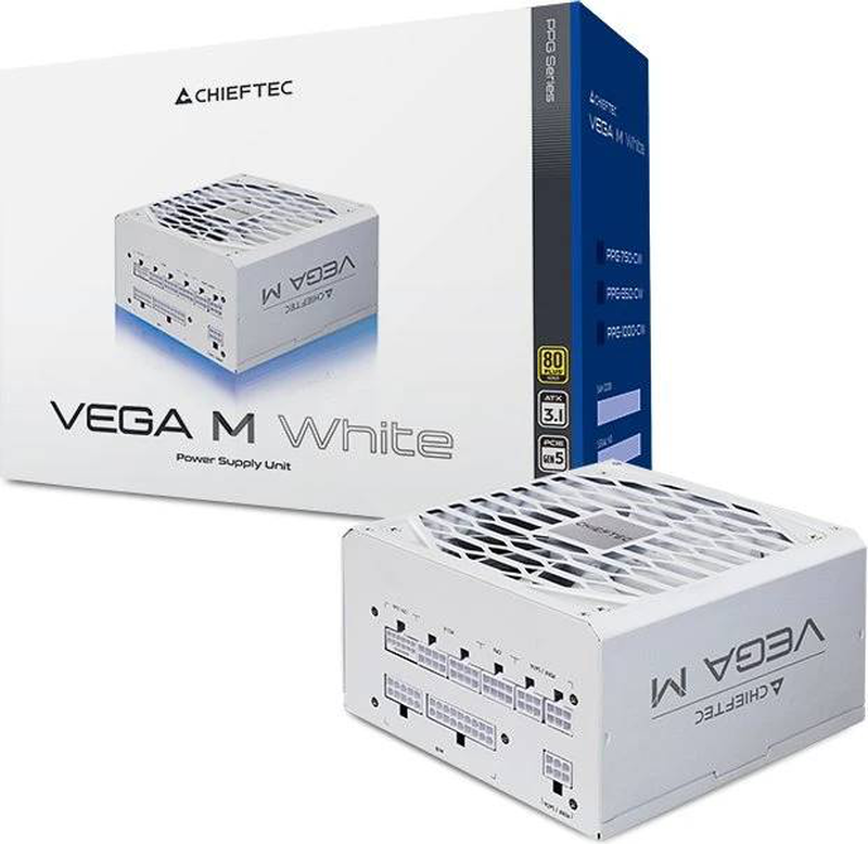 Chieftec vega m ppg-1000-cw 1000w atx 3.1 psu 80+ gold fully modular pcie 5.0 12v-2x6 135mm fan white-null