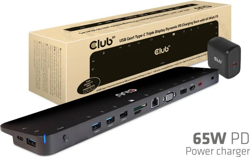 Club 3d csv-1564w65 USB-c triple display docking station vga HDMI displayport gigabit ethernet 65w pd charging black-null