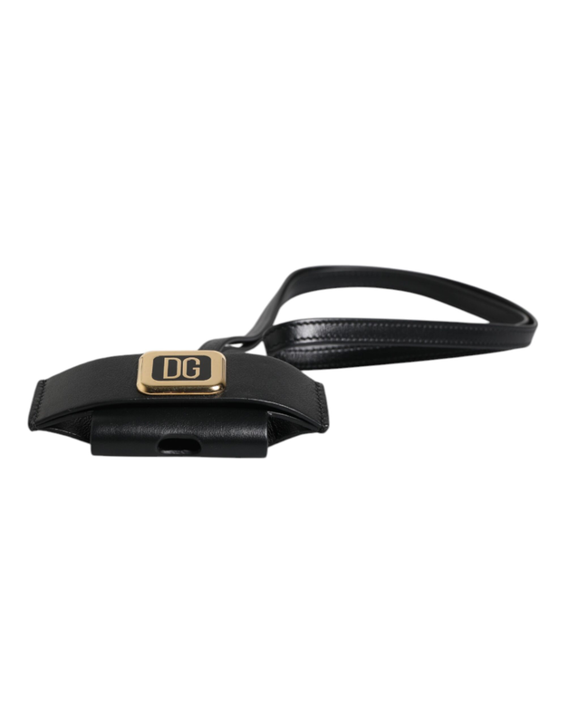 Black leather strap gold metal logo plaque AirPods case-null