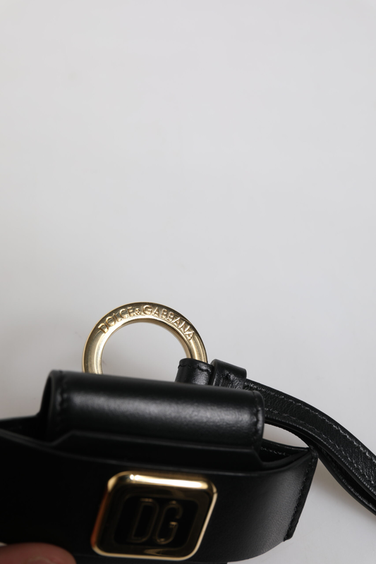 Black leather strap gold metal logo plaque AirPods case-null