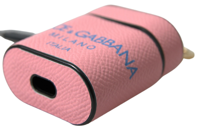 Pink blue calf leather logo print strap AirPods case-null