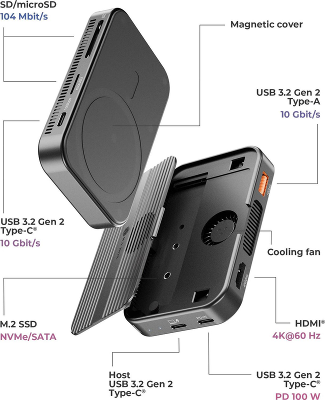 Icy box ib-dk4071m-cu31 7-in-1 USB-c docking station 4k HDMI 60hz m.2 nvme sata SSD enclosure 100w pd card reader black-null