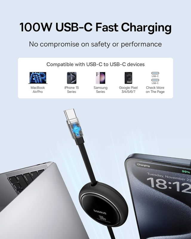 Baseus cable USB-c to USB-c free2draw retractable cable 100w 1m black, , medium-null