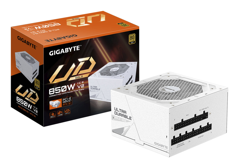 Gigabyte ud850gm pg5 v2 ice 850w atx 3.1 psu 80+ gold fully modular pcie 5.1 native 12v-2x6 white-null