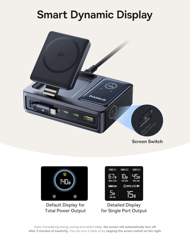 Baseus charger desktop 140w qi2 3c+u nomos 5-in-1 wireless+retractable+display uk, , medium-null