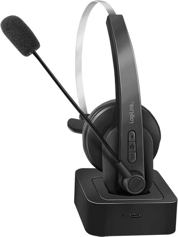 Logilink bt0059 mono bluetooth 5.0 headset on-ear wireless with charging stand folding boom mic USB-c black-null