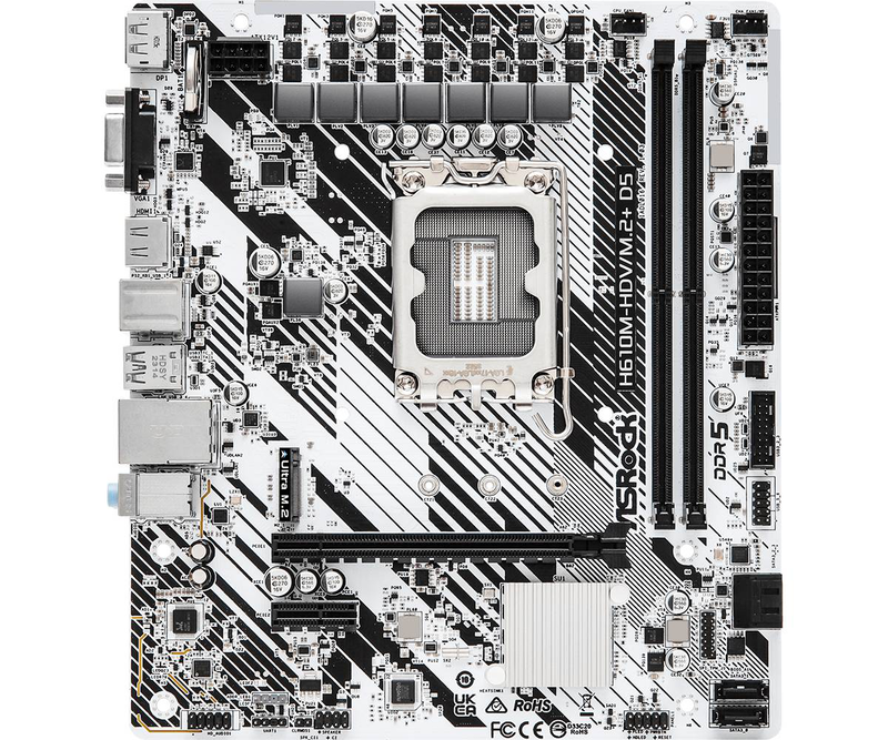 Asrock h610m-hdv/m.2+ d5 micro-atx motherboard lga 1700 intel h610 ddr5 pcie 4.0 m.2 USB-c HDMI dp vga gbe black-null