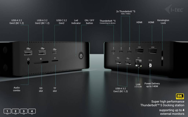 I-tec tb5quattrodockpd thunderbolt 5 quattro display docking station quad 4k60 8k60 2x HDMI 2x tb5 2.5GBe 140w pd-null