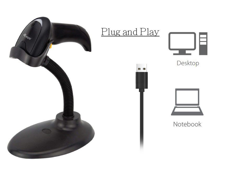 Equip USB 2d cmos barcode scanner with stand | wired USB | 220 scans/sec | 1d & 2d support | ip54 | 1.8m cable | black, , medium-null