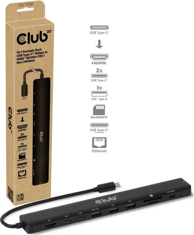 Club3d csv-2550 USB-c 10-in-1 portable dock HDMI 2.1 8k 30hz 2.5G ethernet 140w pd 3.1 10GBps USB black-null
