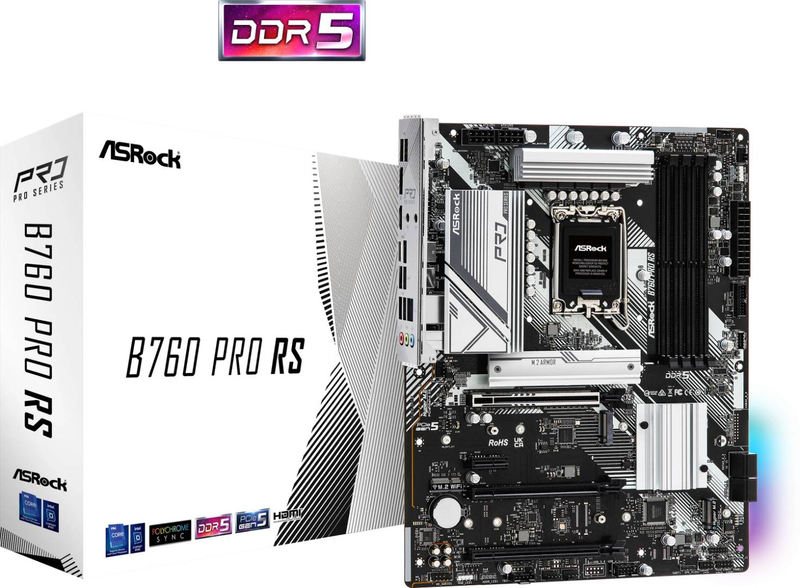 Asrock b760 pro rs atx motherboard lga 1700 intel b760 ddr5 pcie 5.0 x16 triple m.2 2.5GBe USB-c HDMI dp black-null