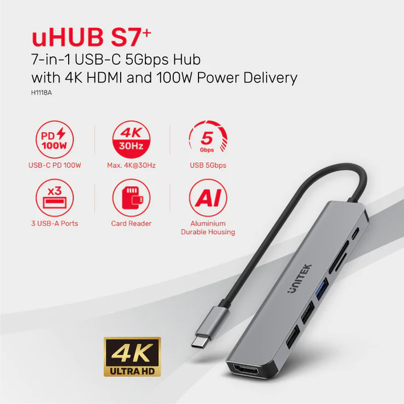 Unitek USB-c hub USB3.0 HDMI/sd/pd100w h1118a, , medium-null