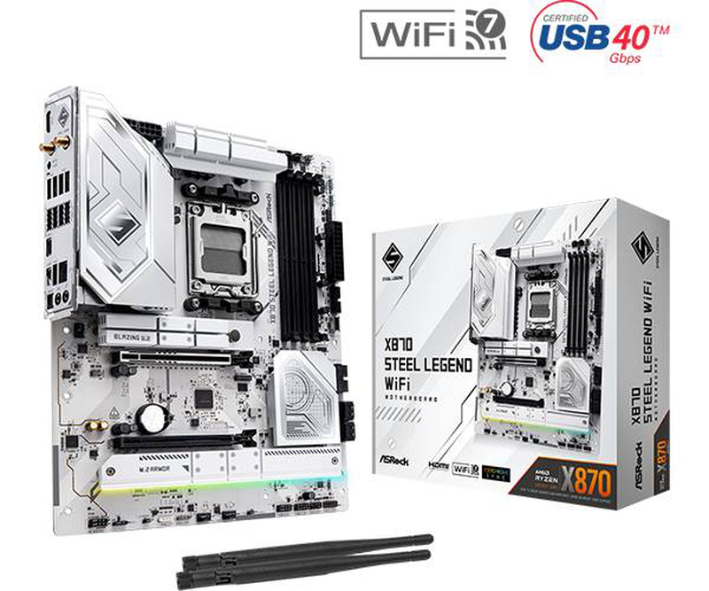 Asrock x870 steel legend Wi-Fi atx motherboard socket am5 AMD x870 ddr5 pcie 5.0 Gen5 m.2 Wi-Fi 7 USB4 2.5GBe grey-null