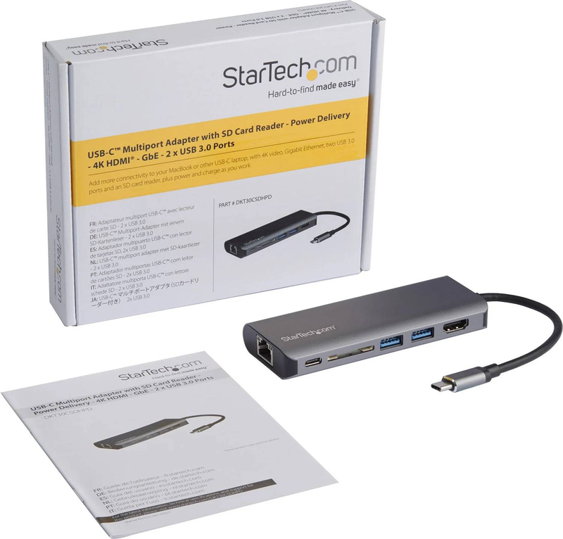 Startech dkt30csdhpd USB-c multiport adapter 4k HDMI sd card reader 2x USB 3.0 gigabit ethernet 100w pd grey-null