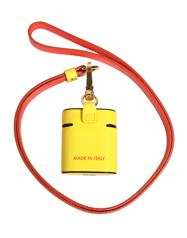 Yellow calf leather logo flip holder strap AirPods case-null