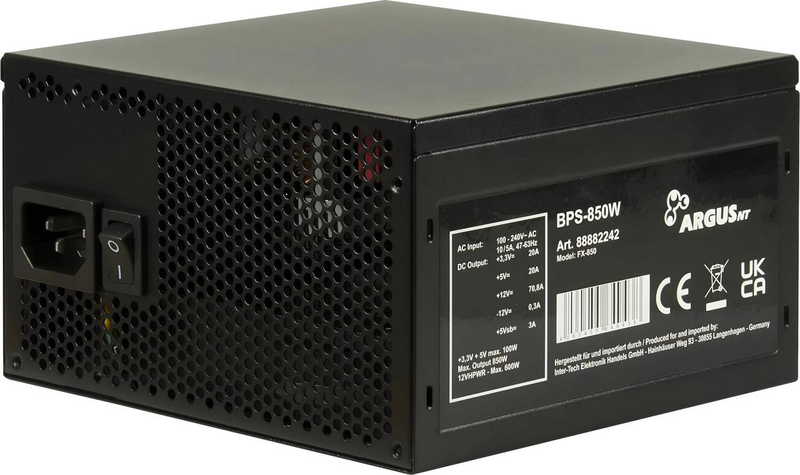 Inter-tech argus bps-850 850w atx 3.1 power supply 80+ bronze non-modular 12vhpwr 600w for modern GPUs black-null